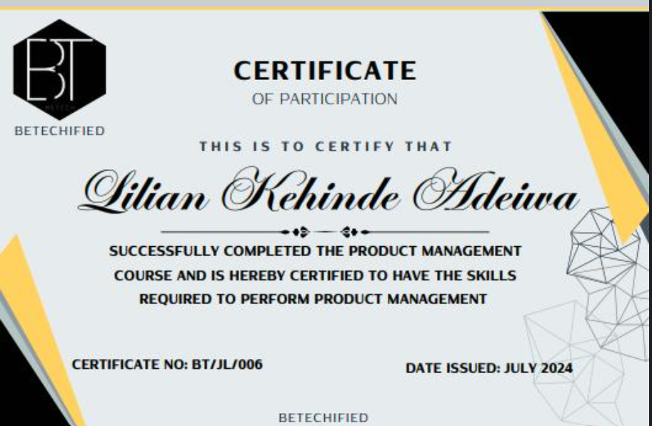 Product Management certificate from BeTechified