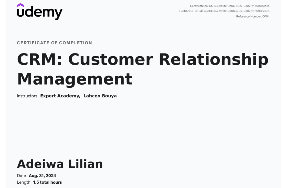Customer Relationship Management certificate from Udemy
